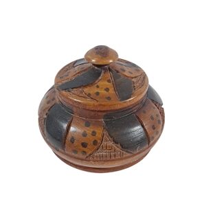 Vintage Carved Wood Trinket Bowl Dish With Lid 3"